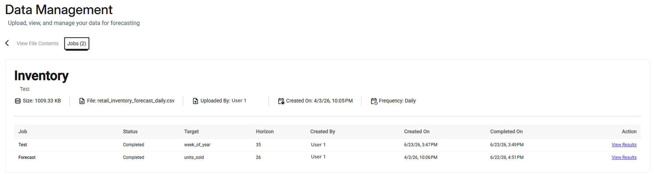 Data management interface displaying inventory jobs, statuses, and details for forecasting.